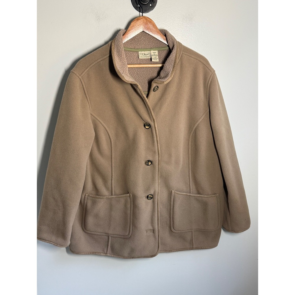 Vintage LL Bean Women XL Petite Fleece Barn Jacket Tan Sherpa Lined Button Front